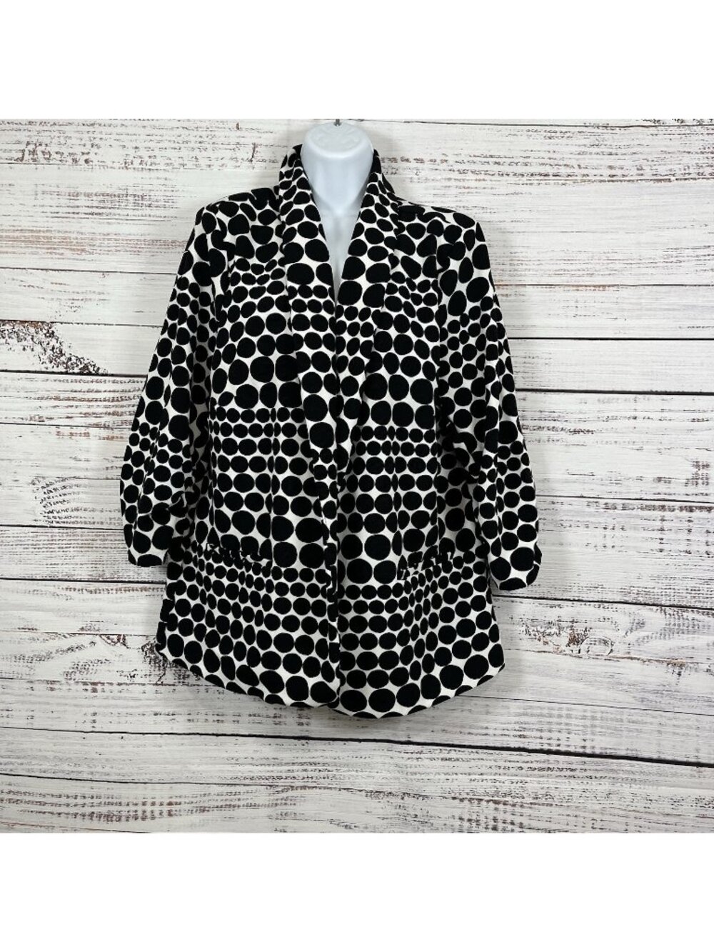CJ Banks Jacket White Black Polka Dot Print Open 3/4 Sleeve Retro
